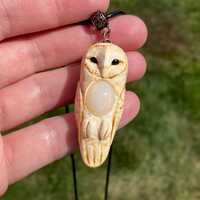 Ivory Clay Barn Owl Pendant with Opal - Handmade Bird Necklace, Boho Animal Jewelry
