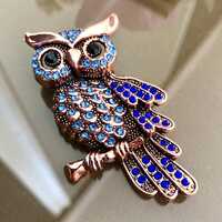 Large Owl brooch pin, Rhinestone brooch, Blue Bird brooch, Costume Jewelry for Men or Women