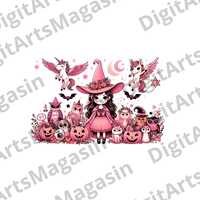 Pink Witch Unicorn Owls Halloween PNG, Magical Girl Digital Download, Retro Witch Costume Graphic, K