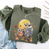Fall Owl with Moonlight Sweatshirt, Women's Owl Pullover, Nature Wildlife Lover Gift, Cozy Cotta