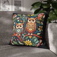 Cute Owls Art Square Pillow: Whimsical Owl Throw Cushion, Green and Brown Sofa Accent, Living Room D