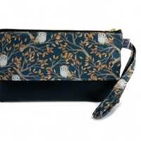 Owl Print Wristlet Clutch: Vegan Leather Base, Handmade Cotton Bag