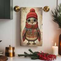 Cute Owl with Beanie Kitchen Towel, Cozy Winter Hand Towel, Festive Owl in Scarf and Hat Hand Towel,