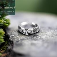 Silver Owl Adjustable Band Ring, 925 Sterling Silver, Gothic Avian Bird Inspired Ring Gift, Vintage 