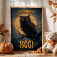 Owl Halloween Poster – Funny Spooky Wall Art with Full Moon and Hoo’s There BOO! Quote