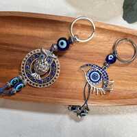 Owl Keychain, Eye Evil Eye Keychain – silver lucky amulet bag charm, blue eye protection penda