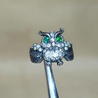 Silver Owl Ring size 7 1/4, Green Eyes Animal Ring,Sterling Silver Animal Jewelry Gift for Her, witc