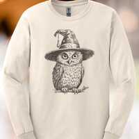 Wizard Owl Shirt Magic Animal Graphic Long Sleeve Halloween Witch Hat Bird Drawing Cozy Fall Top Uni