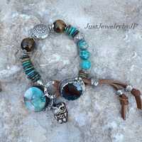 Southwest Turquoise Bracelet: Hill Tribe Silver, Owl & Tree of Life Charms