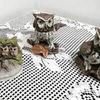 Vintage Homco Ceramic Owl Figurines 2 1114 and 1 1298 Original Stamp and Sticker, Set of 3, Moretheb