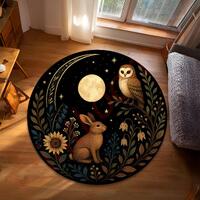 Moon And Owl Rug With Rabbit And Night Sky, Mystical Forest Area Carpet, Boho Home Decor Rug, Celest