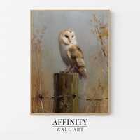 Vintage oil painting of a barn owl perched on a rustic fence post with muted autumn tones, countrysi