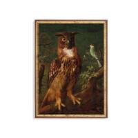 Digital Download Owl Print – Antique Bird Painting with Eagle Owl and Songbird, Vintage Woodla