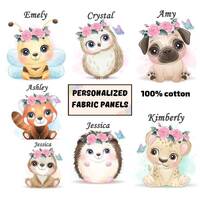 Baby fabric panel for quilts, Cute dog, fox, bee, sloth, hedgehog,owl fabric personalized