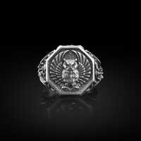 Engraved Owl Animal Signet Men Silver Ring, Minimalist Bird Ring for Best Friend in Oxdized Silver, 