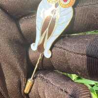 Vintage Cloisonné Owl Pin – Gold Tone Enamel Stick Brooch, 1980s Animal Jewelry