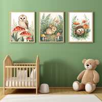 Woodland Nursery Prints, Bear Fox Deer Racoon Owl Bunny Forest Animal Prints, Gender Neutral Nursery