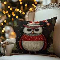 Whimsical Owl in Santa Hat Pillow Cover – Rustic Holiday Cushion