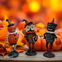 Hand-Painted Resin Halloween Figurines: Owl, Pumpkin, Cat - Vintage Style