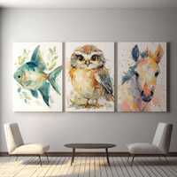 Watercolor Animal Gallery Wall Art Set, Fish Owl Horse Prints, Printable Cottagecore Decor, Mystic W