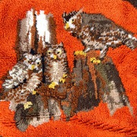 Vintage 1970s Owls on Tree Stumps Latch Hook Wall Rug Decor