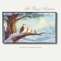 Winter Owls Watercolor Art for Samsung Frame TV: Cozy Woodland Scene (Digital Download)