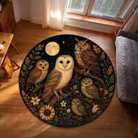 Owl Moon Round Rug, Mystical Forest Animal Carpet, Vintage Nocturnal Bird Design, Boho Nature Decor 