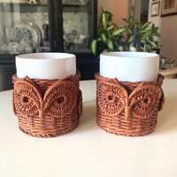 Vintage Wicker Owl Mug Set of 2 | Avon Rattan Owl Cup Holders, Ceramic Mugs