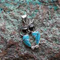 Cute Wise Owl Blue Turquoise Gemstone & Opal With Onyx Eyes Handcrafted Sterling Silver Pendant 