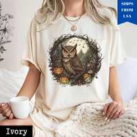 Comfort Colors&reg; Owl Halloween Shirt, Spooky Pumpkin Owl Tee, Vintage Owl T-Shirt, Fall Graphic T