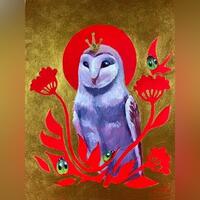 Owl Mood Original handmade painting bird ladybugs Red whimsical Gold accent home Decor Artettina