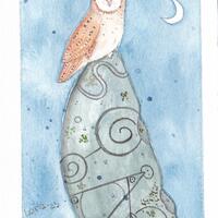 Original watercolor painting of owl on standing stone. "Perch"