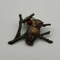 Vintage Dark Gold Tone Owl in a Tree Brooch