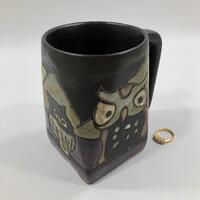 Engraved NIGHT OWLS MUG Made by Mara, Mexico 12oz ~ Square Black Art Pottery Stoneware Cup w/ Purple