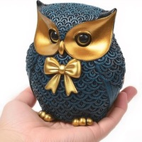 Blue Owl Figurine with Gold Bow - Shelf Decor for Home/Office/Living Room/Desk