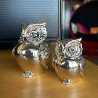 Italian Silver Chrome Resin Owl Sculpture Set Argento Laminato