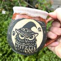 Ready To Ship  - Owl Mug, Halloween Owl Coffee Mug, Owl Moon Mug, Sgraffito Pottery, Handcarved Mug,