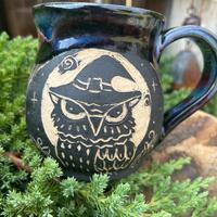 Ready To Ship  - Owl Mug, Halloween Owl Coffee Mug, Owl Moon Mug, Sgraffito Pottery, Handcarved Mug,