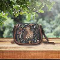 FOREST OWL BIRD Crossbody Saddle Bag, Forestcore Small Shoulder Bag with Owl Mushroom Fern & Mot