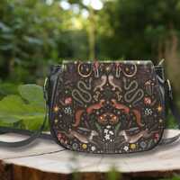 FAIRY FOREST Crossbody Saddle Bag with Owl Rabbit Squirrel Mushroom Moth Moon & Wildflowers, Woo