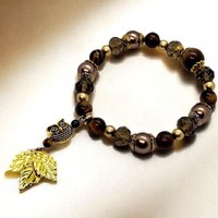 Earthy color beaded Bracelet, with Owl and Leaf Charms, Tiger&rsquo;s Eye beads, nature inspired, me