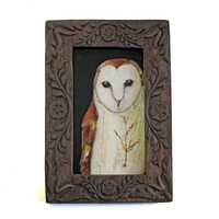 Barn Owl Painting:  Antique Folk Art Wood Frame Hand Carved & Painted Framed Mixed Media Owl Art
