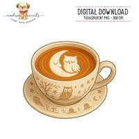 Owl Coffee Digital Download PNG, Crescent Moon Latte Art, Sleepy Owl Design, Gift for Coffee Lover, 