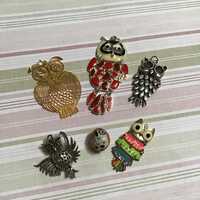 Vintage Owl Pendant Lot: Enameled and Gold ToneJewelry Craft Supplies - 7 Piece Plus Freebies