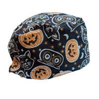 Black Cat Owl Vintage Halloween Scrub Cap Tie Back or Euro elastic Optional Satin Lining & butto