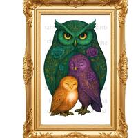 Owl family fantasy artwork mystical enchanted animal illustration Art Print: Home Decor (Digital Dow