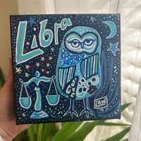 Zodiac Decor Blue Libra Owl Acrylic Painting: Monochromatic Astrology Art, original canvas (6x6x1.5 