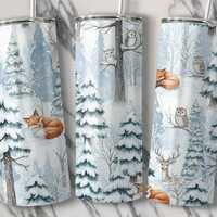 Winter Forest Tumbler PNG, Fox Deer Owl 20oz Tumbler Design, Straight Tapered Tumbler Wrap, Watercol
