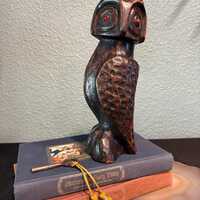 Vintage carved wood owl, four faces wood owl red eyes hand carved wood (9.5” H)