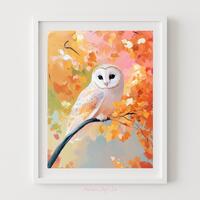 Autumn Owl in Tree Printable Art - Fall Home Decor, Halloween Animal Print, Orange Leaves Wildlife P